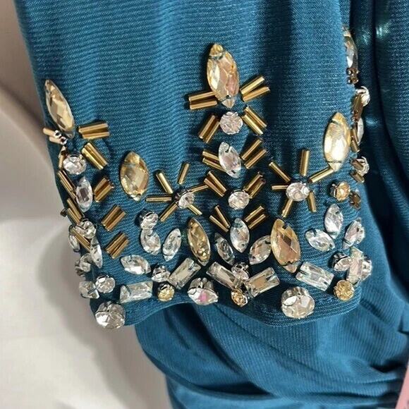 Mac Duggal One Sleeve Beaded Cuff Side Twist Gown Dress Ocean Blue Sz 14 55696 - Picture 4 of 6